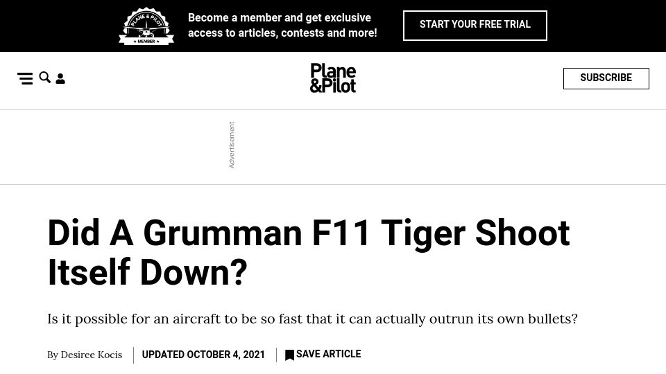 Screenshot of planeandpilotmag.com: A Grumman F11 Tiger Shot Itself Down (2021)