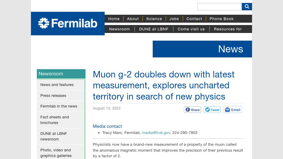 Screenshot of news.fnal.gov: Muon g-2 doubles down with latest measurement, explores uncharted territory