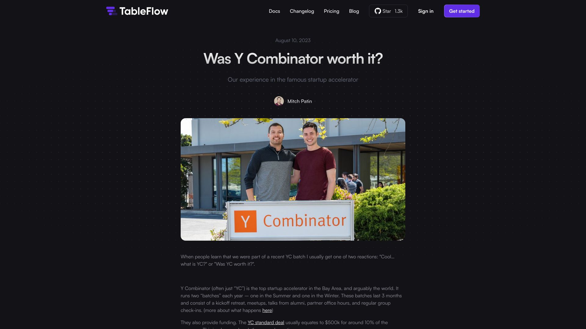 Screenshot of tableflow.com: Was Y Combinator worth it?