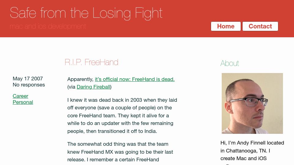 Screenshot of losingfight.com: R.I.P. Macromedia FreeHand (2007)