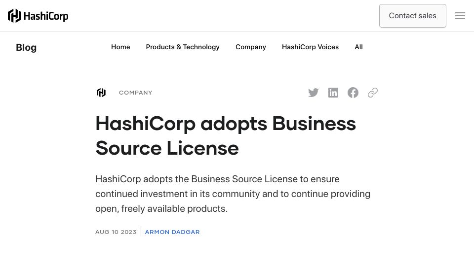 Screenshot of hashicorp.com: HashiCorp adopts Business Source License