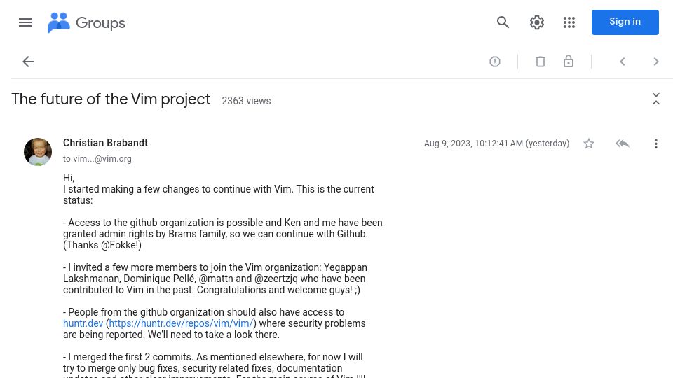 Screenshot of groups.google.com: The Future of the Vim Project