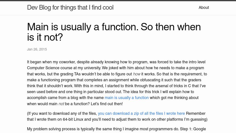 Screenshot of jroweboy.github.io: Main is usually a function. So then when is it not? (2015)