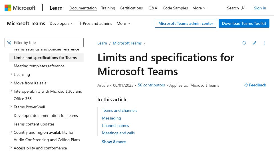 Screenshot of learn.microsoft.com: MS Teams channels cannot contain MS-DOS device names