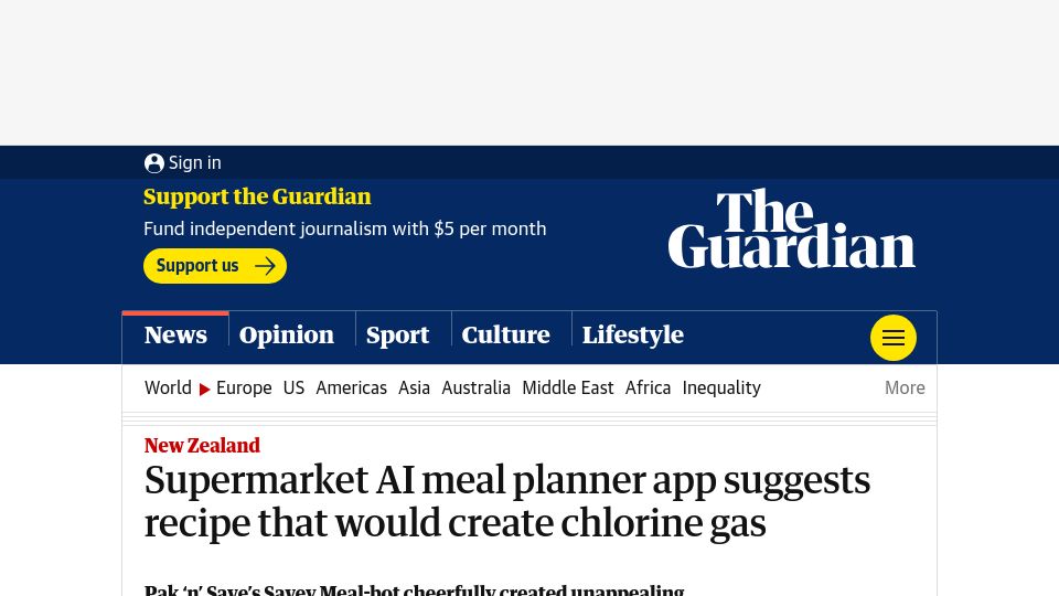 Screenshot of theguardian.com: Supermarket AI meal planner app suggests recipe that would create chlorine gas