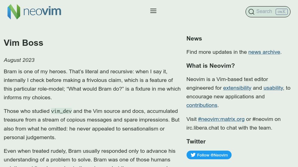 Screenshot of neovim.io: Vim Boss