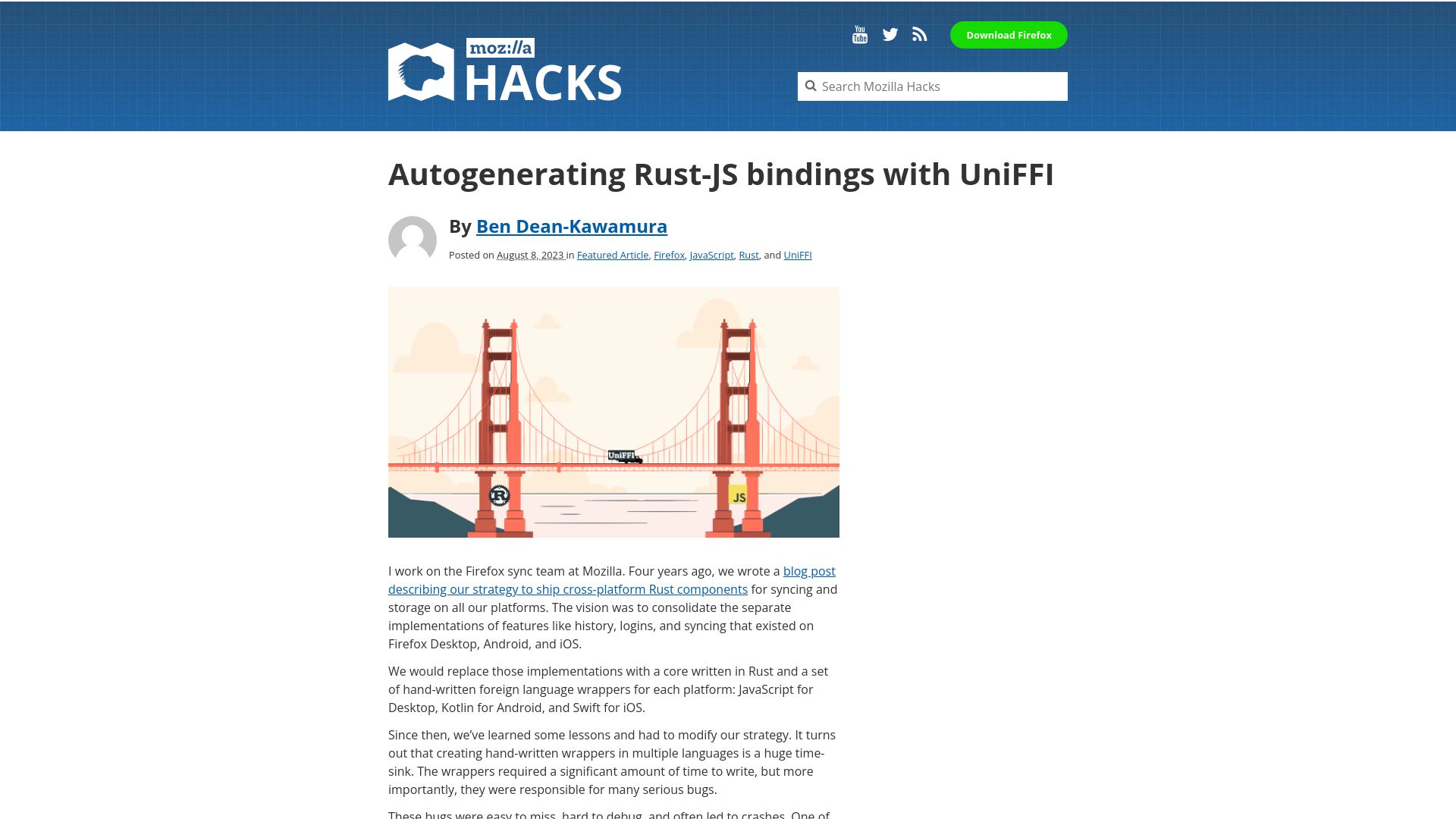 Screenshot of hacks.mozilla.org: Autogenerating Rust-JS Bindings with UniFFI