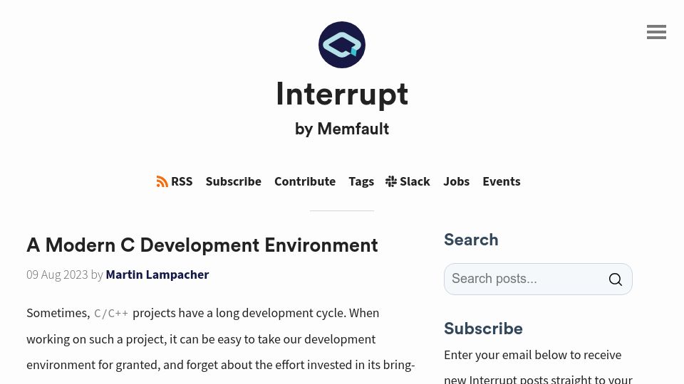 Screenshot of interrupt.memfault.com: A Modern C Development Environment