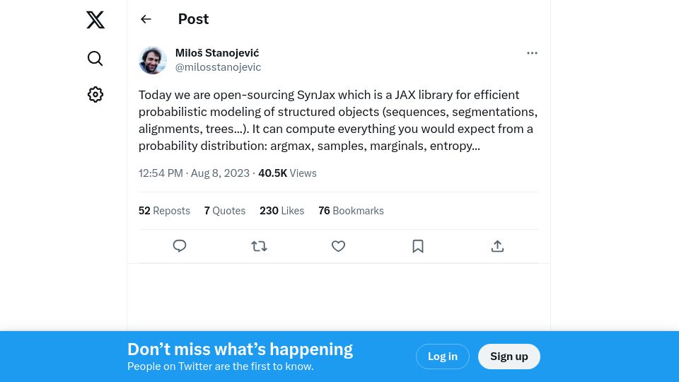 Screenshot of twitter.com: SynJax: Jax library for efficient probabilistic modeling of structured objects