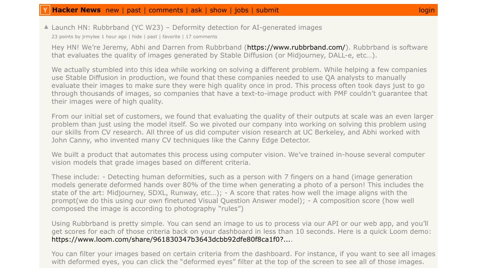 Screenshot of Hacker News post: Launch HN: Rubbrband (YC W23) – Deformity detection for AI-generated images