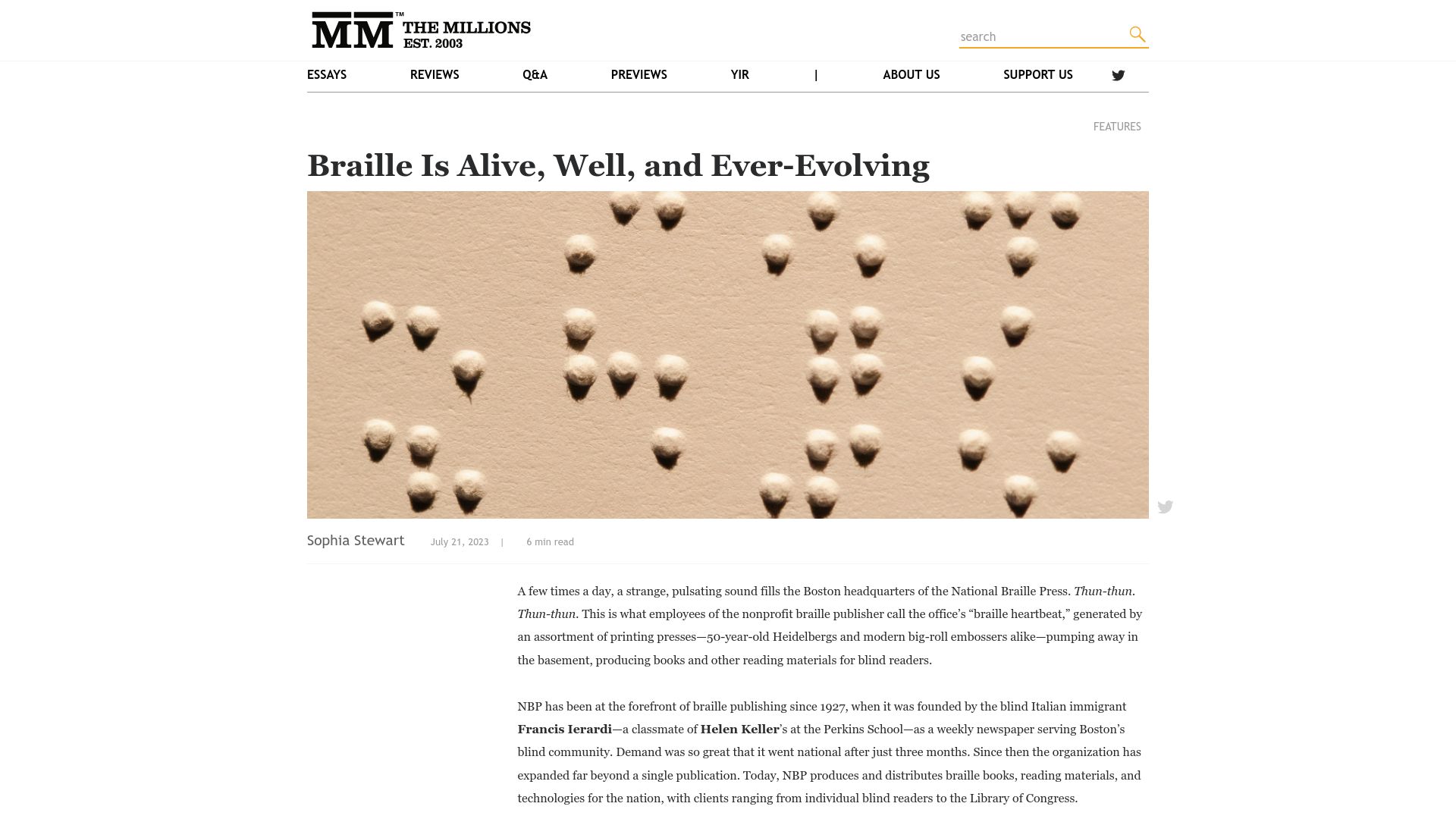 Screenshot of themillions.com: Braille Is Alive, Well, and Ever-Evolving