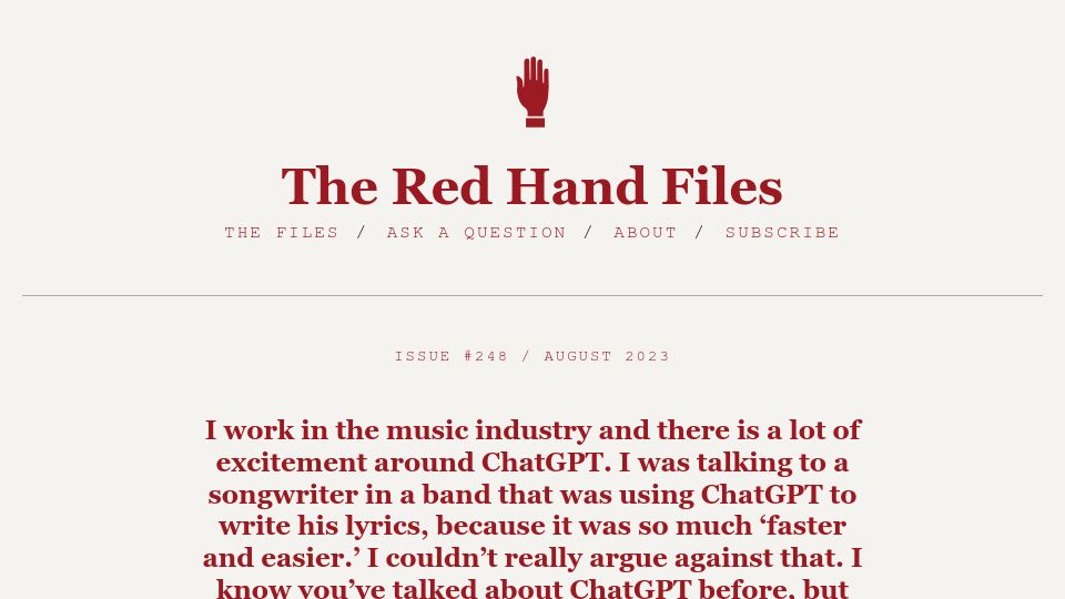 Screenshot of theredhandfiles.com: Nick Cave on ChatGPT and the creative process