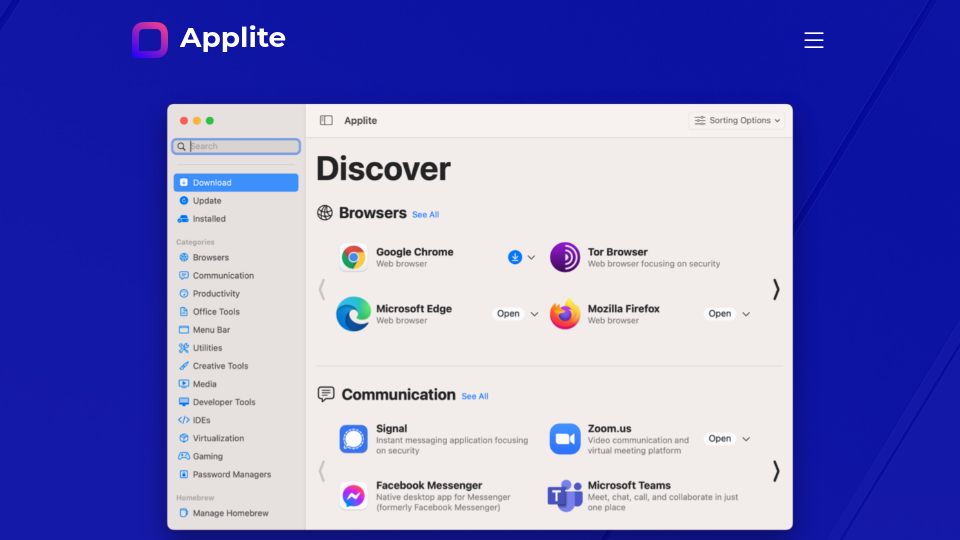 Screenshot of aerolite.dev: Show HN: Applite – Clean Homebrew front end app for macOS built with SwiftUI