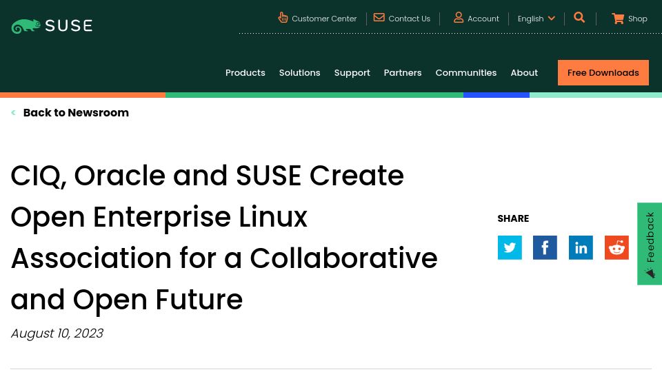 Screenshot of suse.com: CIQ, Oracle, SUSE Create Open Enterprise Linux Association