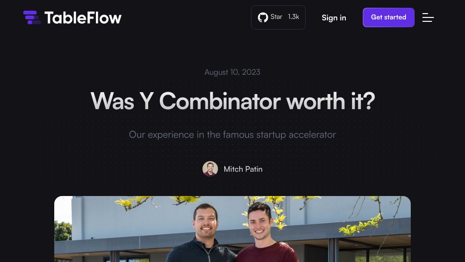 Screenshot of tableflow.com: Was Y Combinator worth it?