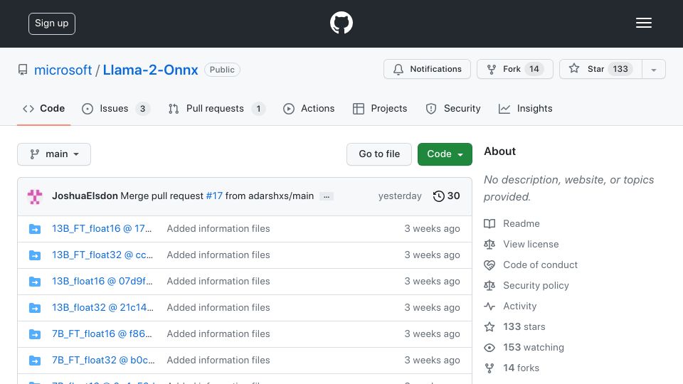 Screenshot of github.com: Llama 2 on ONNX runs locally