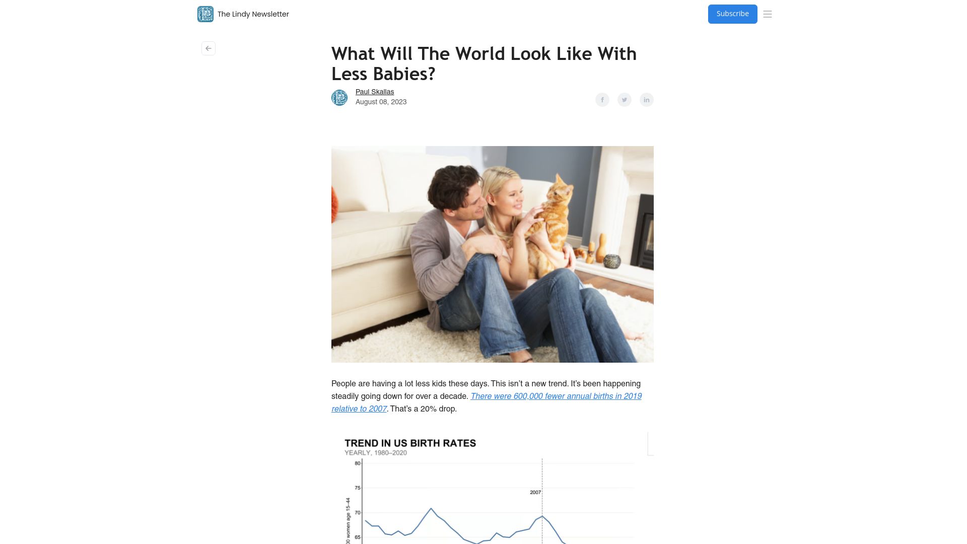 Screenshot of lindynewsletter.beehiiv.com: What Will the World Look Like with Less Babies?