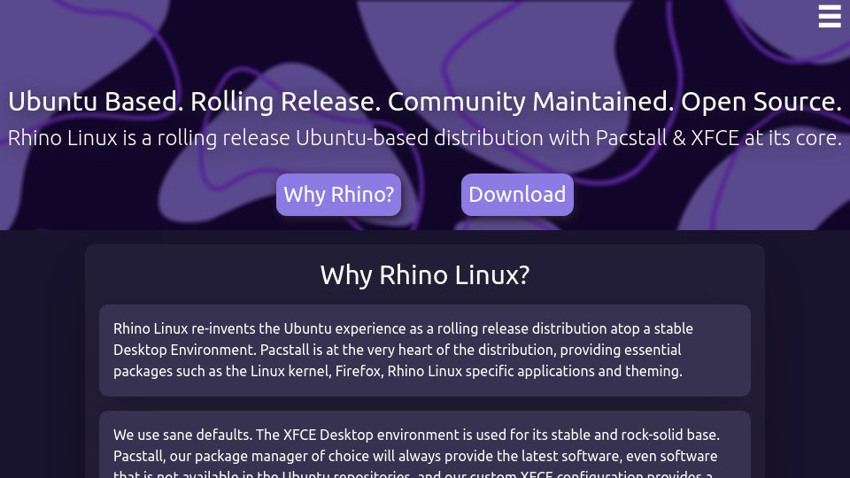 Screenshot of rhinolinux.org: Rhino Linux is a rolling release Ubuntu-based distribution