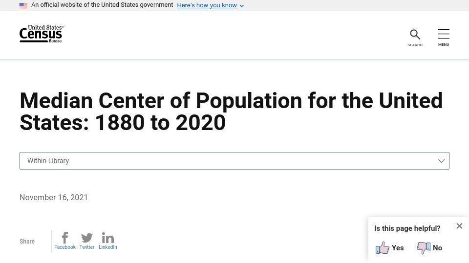 Screenshot of census.gov: Median Center of Population for the United States: 1880 to 2020 (2021)