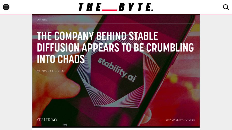 Screenshot of futurism.com: The company behind Stable Diffusion appears to be crumbling into chaos