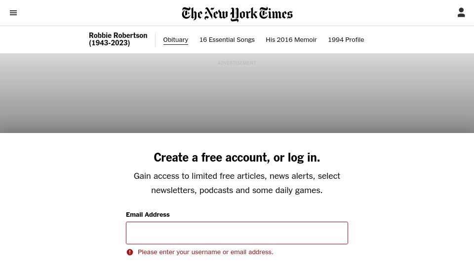 Screenshot of nytimes.com: Robbie Robertson has died