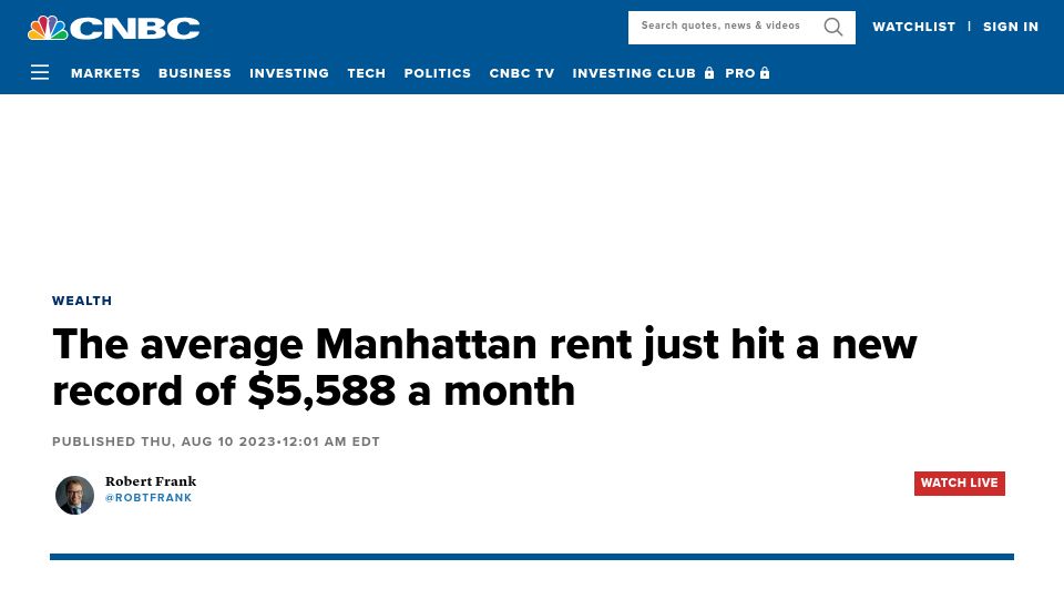 Screenshot of cnbc.com: The average Manhattan rent just hit a new record of $5,588 a month