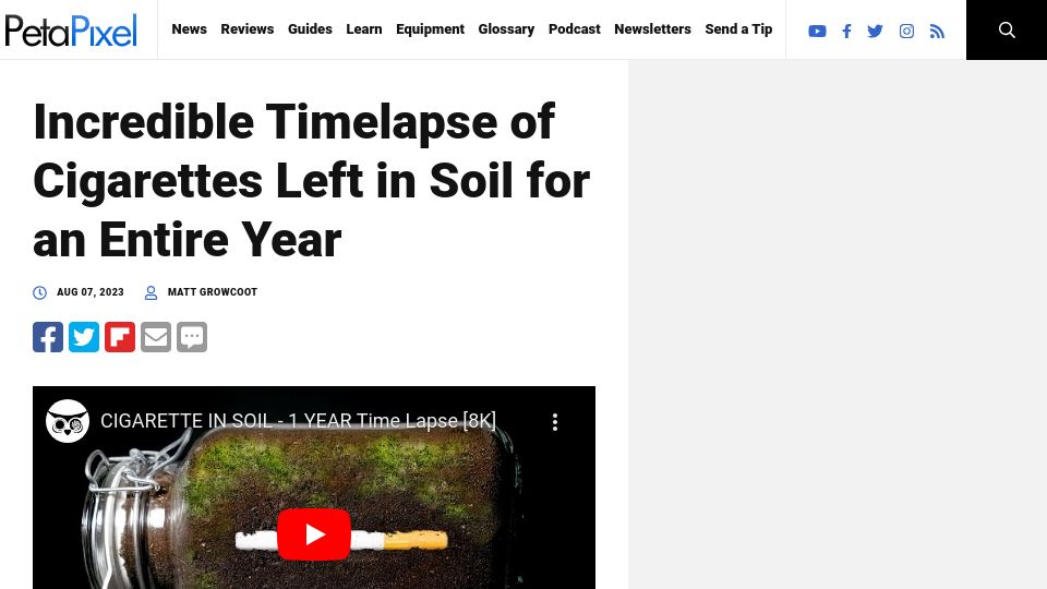 Screenshot of petapixel.com: Timelapse of Cigarettes Left in Soil for an Entire Year
