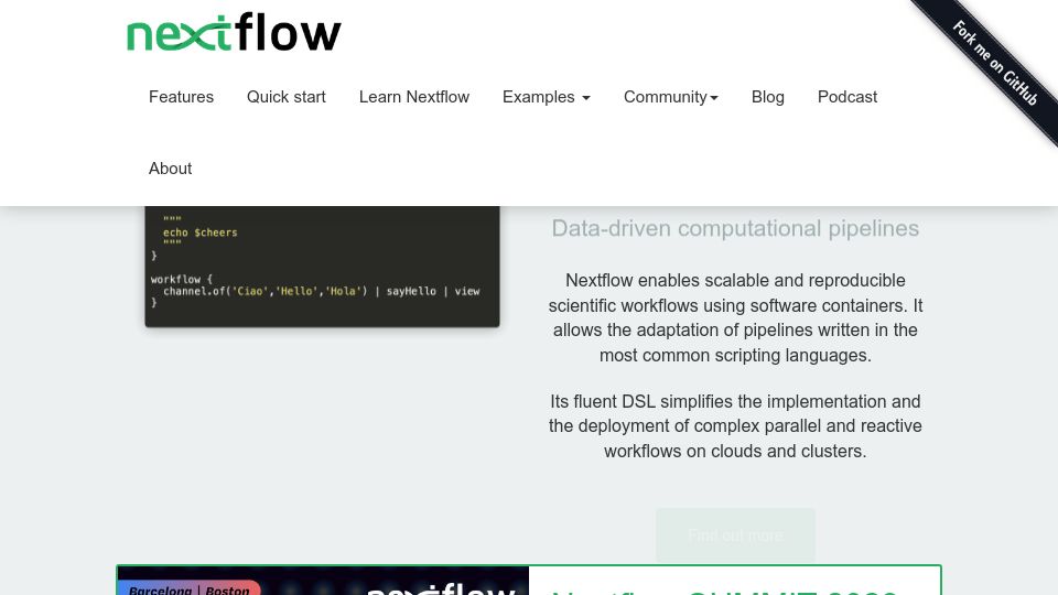 Screenshot of nextflow.io: Nextflow: Data-Driven Computational Pipelines