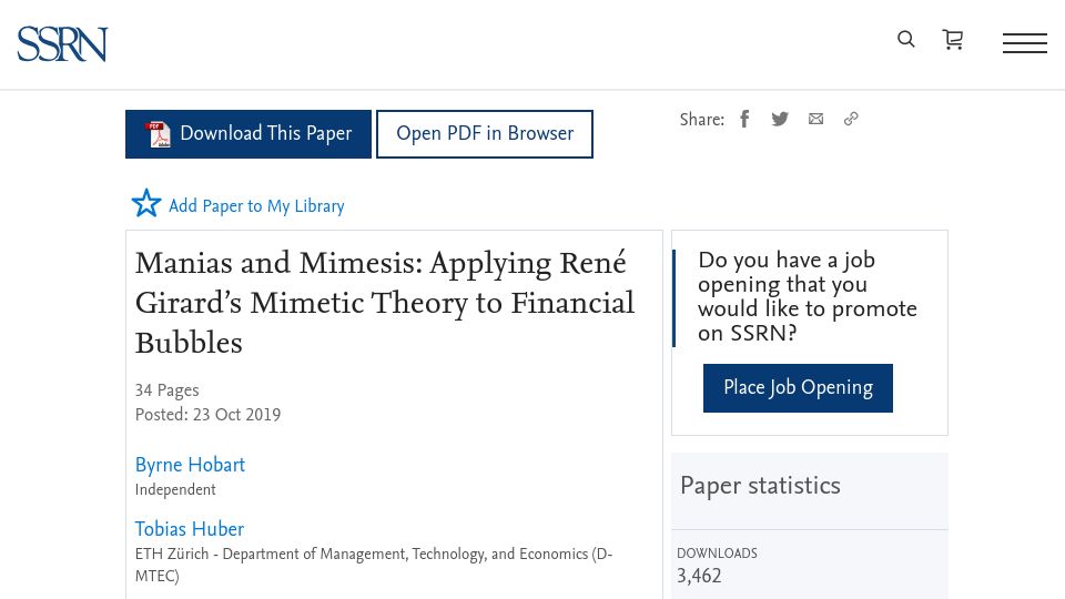 Screenshot of papers.ssrn.com: Manias and Mimesis: Applying Girard’s Mimetic Theory to Financial Bubbles (2019)