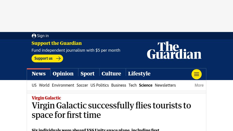 Screenshot of theguardian.com: Virgin Galactic successfully flies tourists to space for first time
