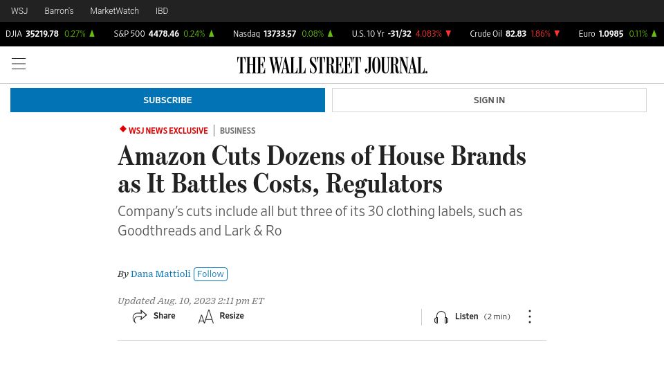 Screenshot of wsj.com: Amazon Cuts Dozens of House Brands as It Battles Costs, Regulators