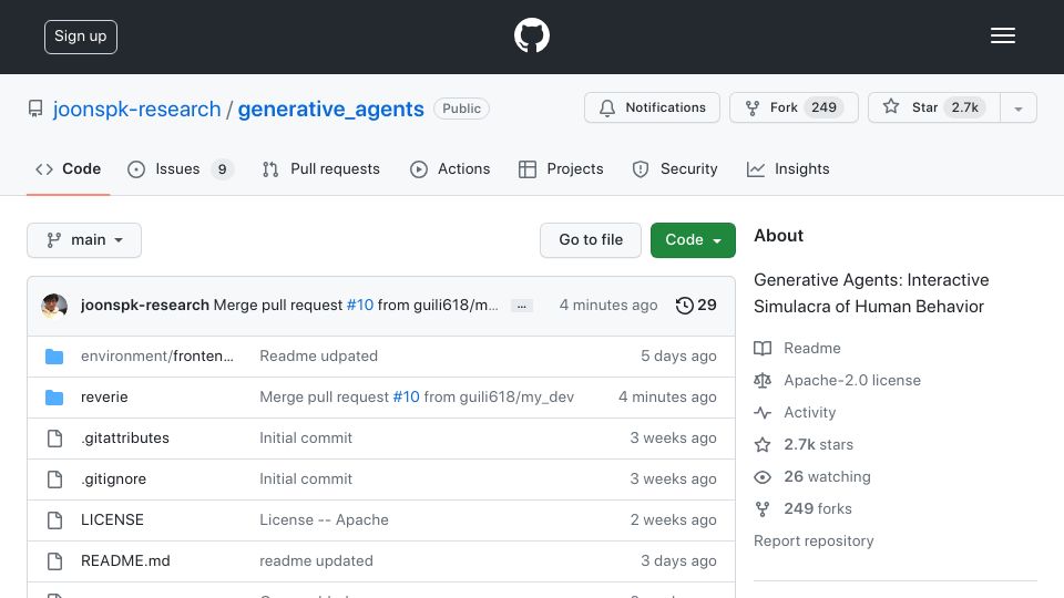 Screenshot of github.com: Generative Agents: Interactive Simulacra of Human Behavior, Now Open Source