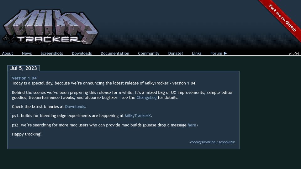 Screenshot of milkytracker.org: MilkyTracker 1.04