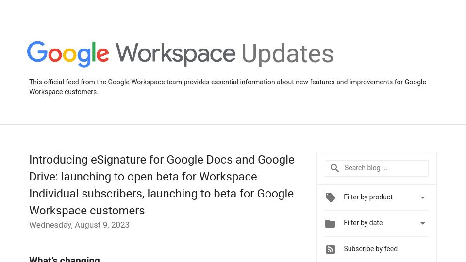 Screenshot of workspaceupdates.googleblog.com: eSignature Beta for Google Docs and Google Drive