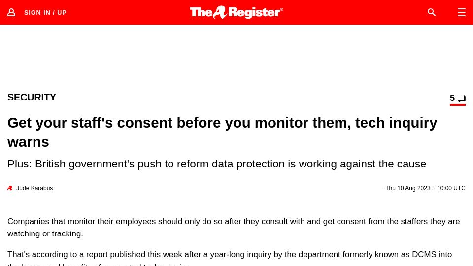 Screenshot of theregister.com: Get your staff's consent before you monitor them, tech inquiry warns