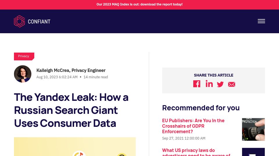 Screenshot of confiant.com: The Yandex leak: How a Russian search giant uses consumer data