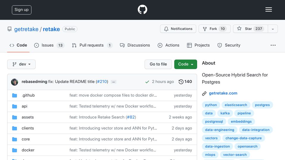 Screenshot of github.com: Show HN: Retake – Open-Source Hybrid Search for Postgres