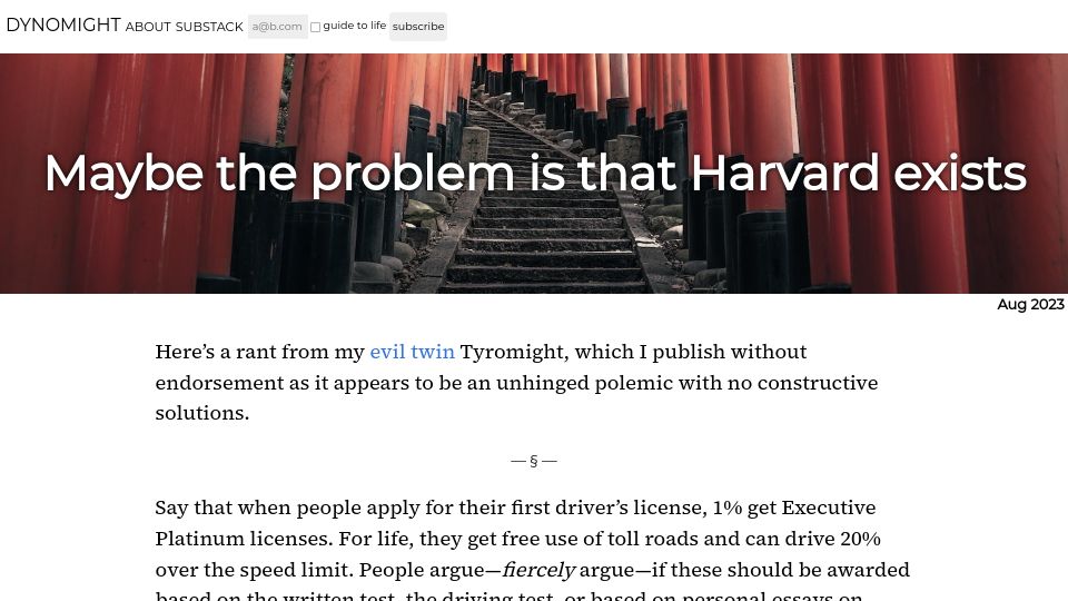 Screenshot of dynomight.net: Maybe the problem is that Harvard exists