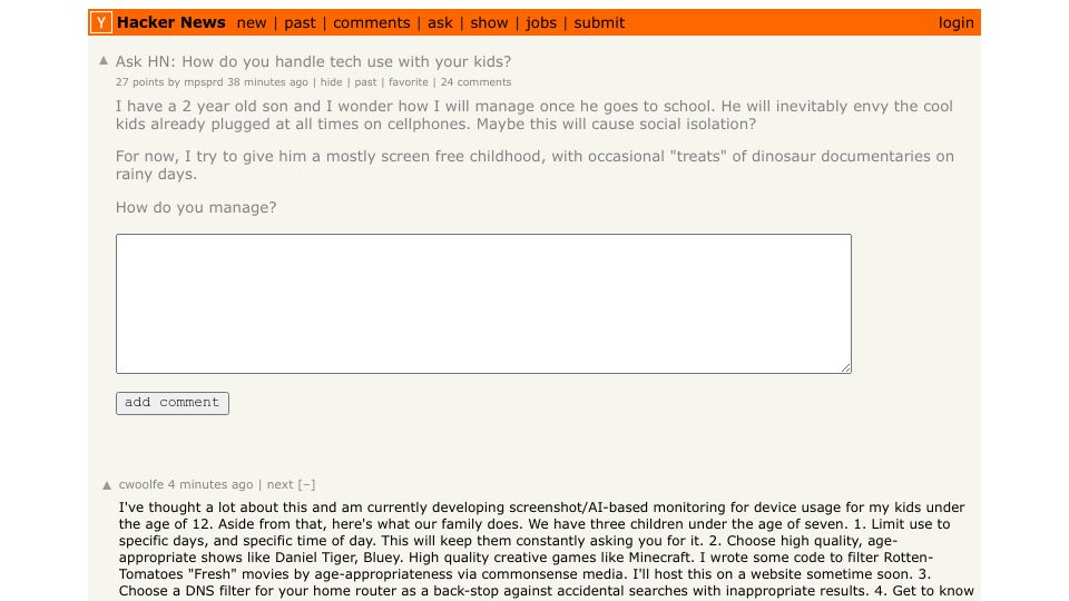Screenshot of Hacker News post: Ask HN: How do you handle tech use with your kids?