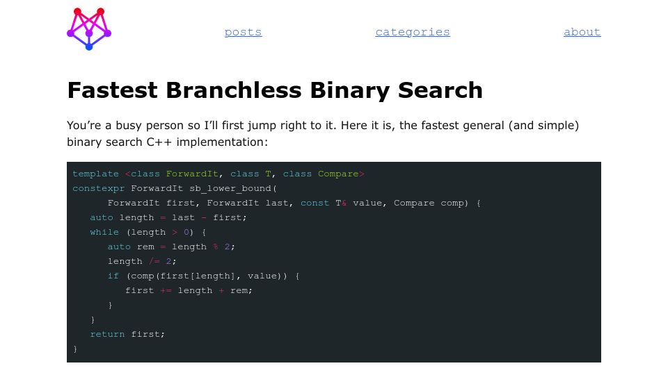 Screenshot of mhdm.dev: Fastest branchless binary search