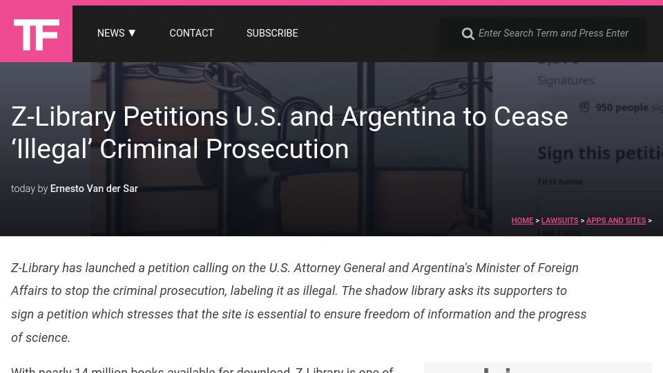 Screenshot of torrentfreak.com: Z-Library Petitions U.S. and Argentina to Cease ‘Illegal’ Criminal Prosecution
