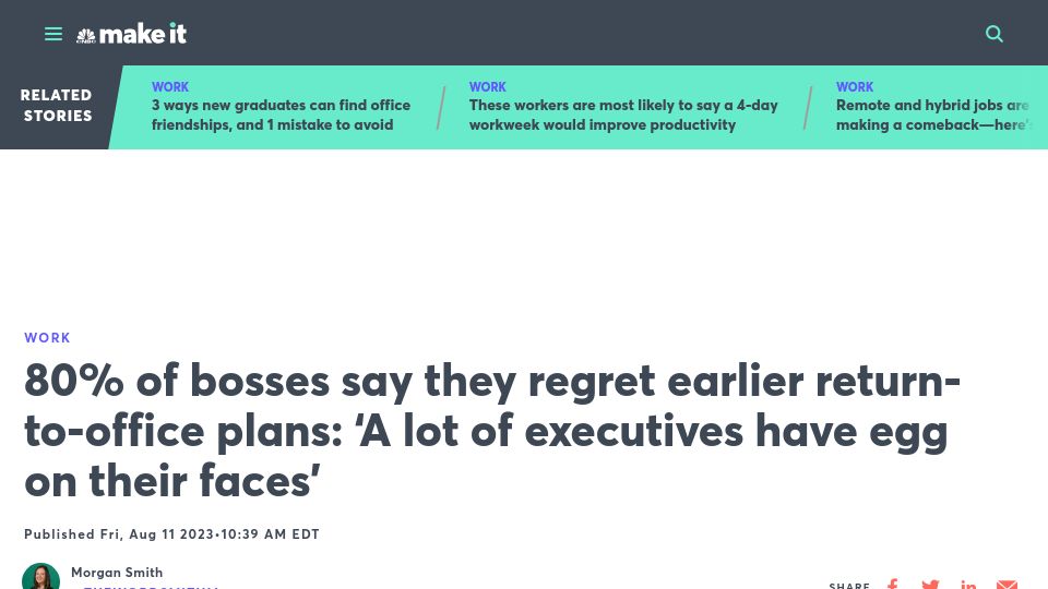 Screenshot of cnbc.com: 80% of bosses say they regret earlier return-to-office plans