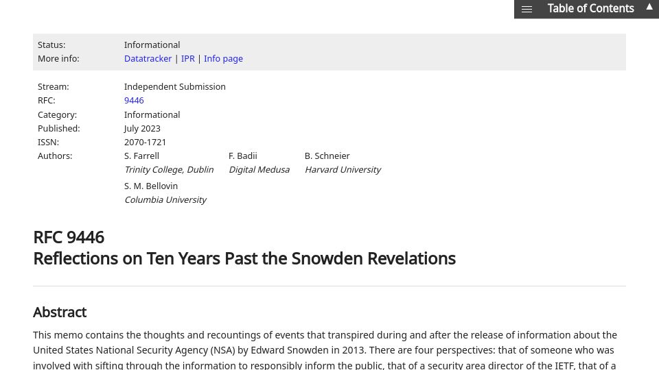 Screenshot of rfc-editor.org: RFC 9446 Reflections on Ten Years Past the Snowden Revelations
