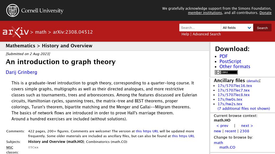 Screenshot of arxiv.org: An Introduction to Graph Theory