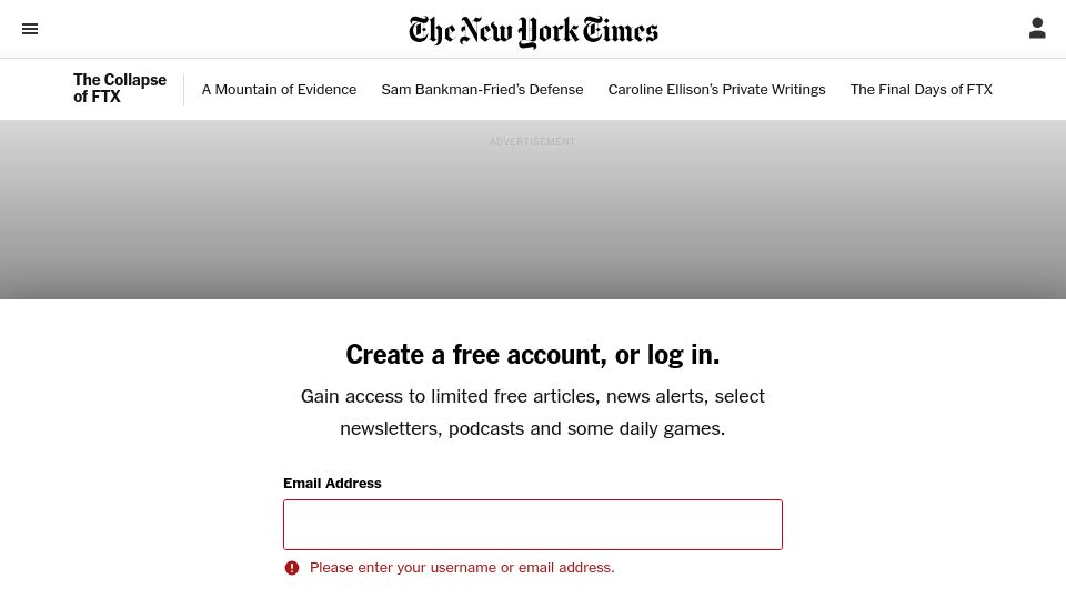 Screenshot of nytimes.com: Sam Bankman-Fried to Be Sent to Jail After Judge Revokes Bail