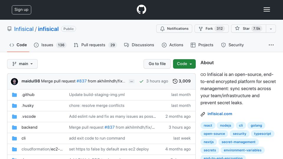 Screenshot of github.com: Infisical – open-source HashiCorp Vault alternative