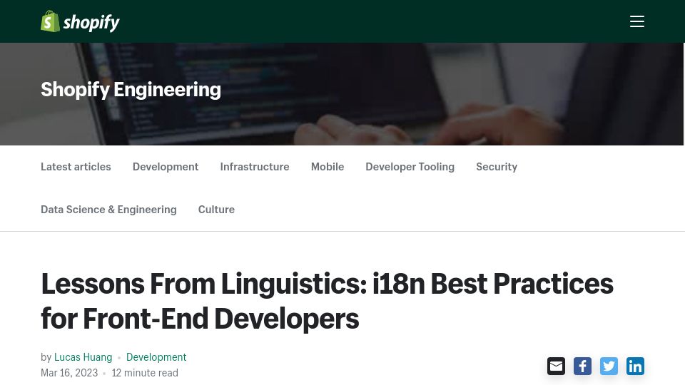 Screenshot of shopify.engineering: Lessons From Linguistics: i18n Best Practices for Front-End Developers