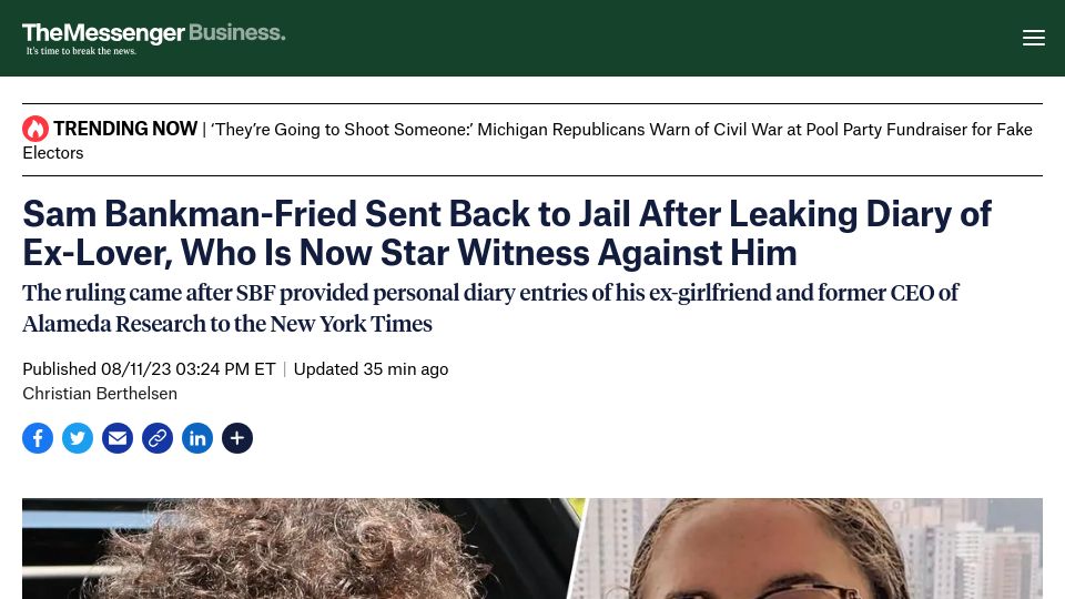 Screenshot of themessenger.com: Sam Bankman-Fried Sent Back to Jail After Leaking Diary of Ex-Lover