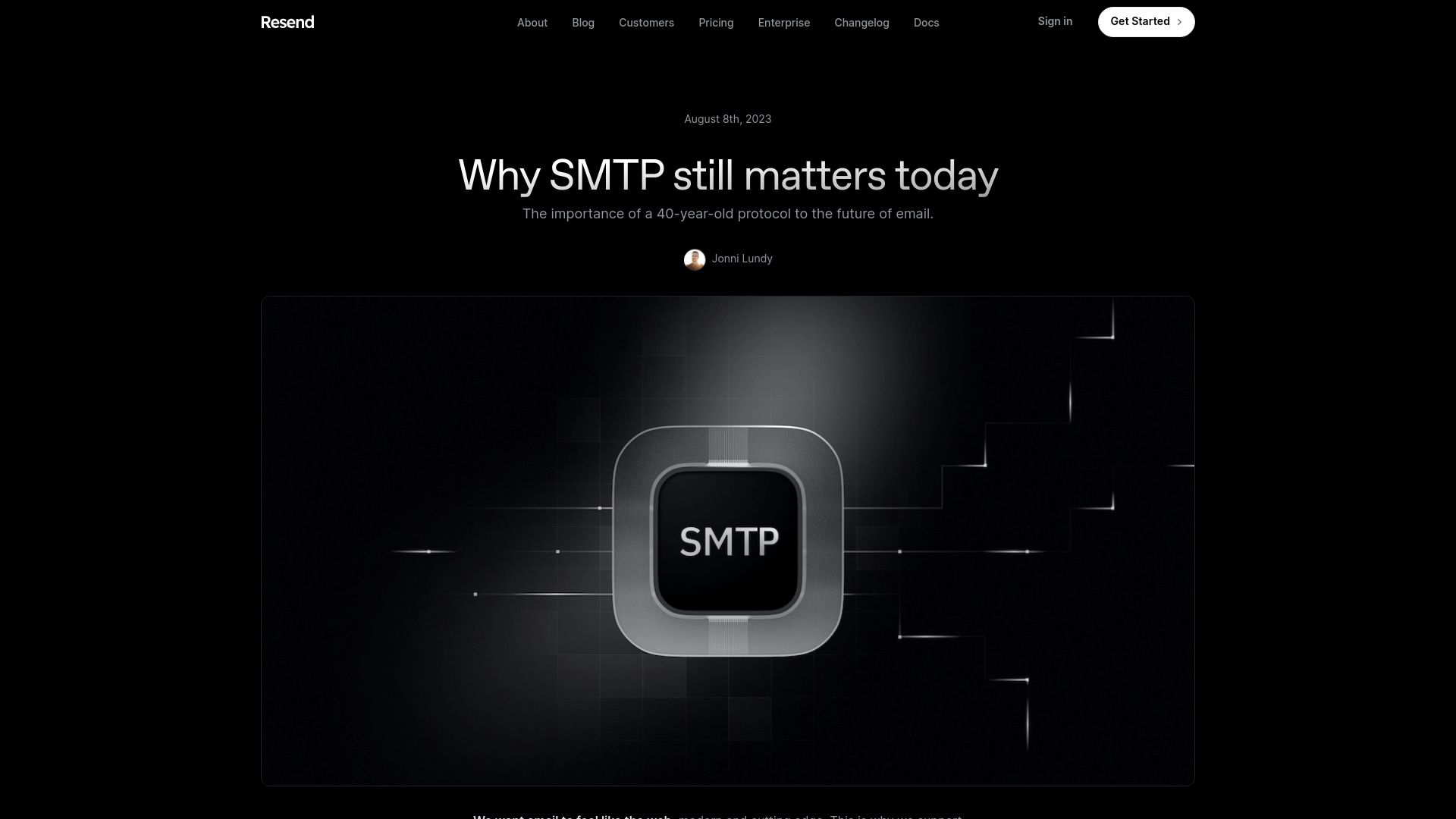 Screenshot of resend.com: Why SMTP still matters today