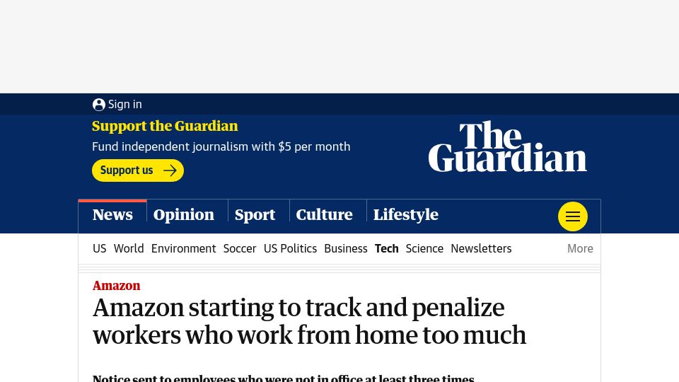 Screenshot of theguardian.com: Amazon starting to track and penalize workers who work from home too much